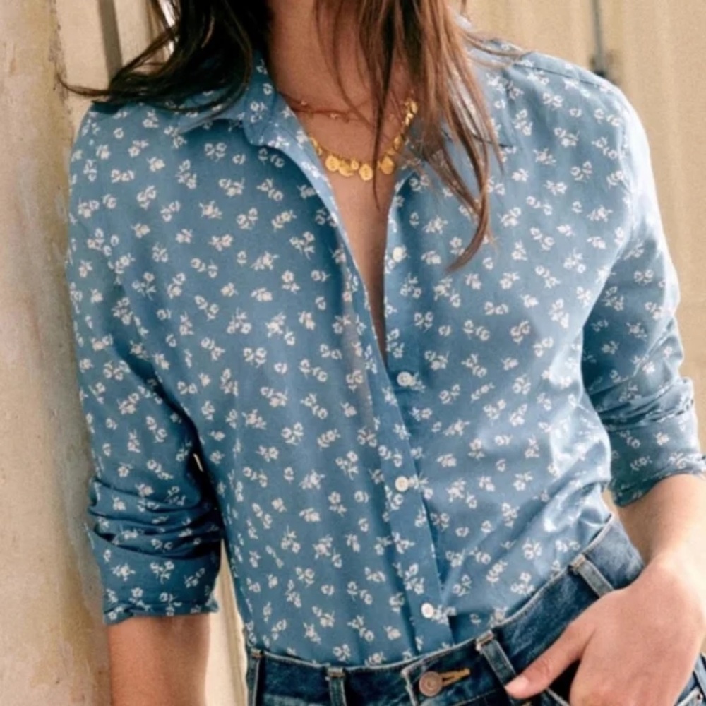 Sezane Ann Cotton Shirt Blue Mini Flowers Size 2 (FR34)
